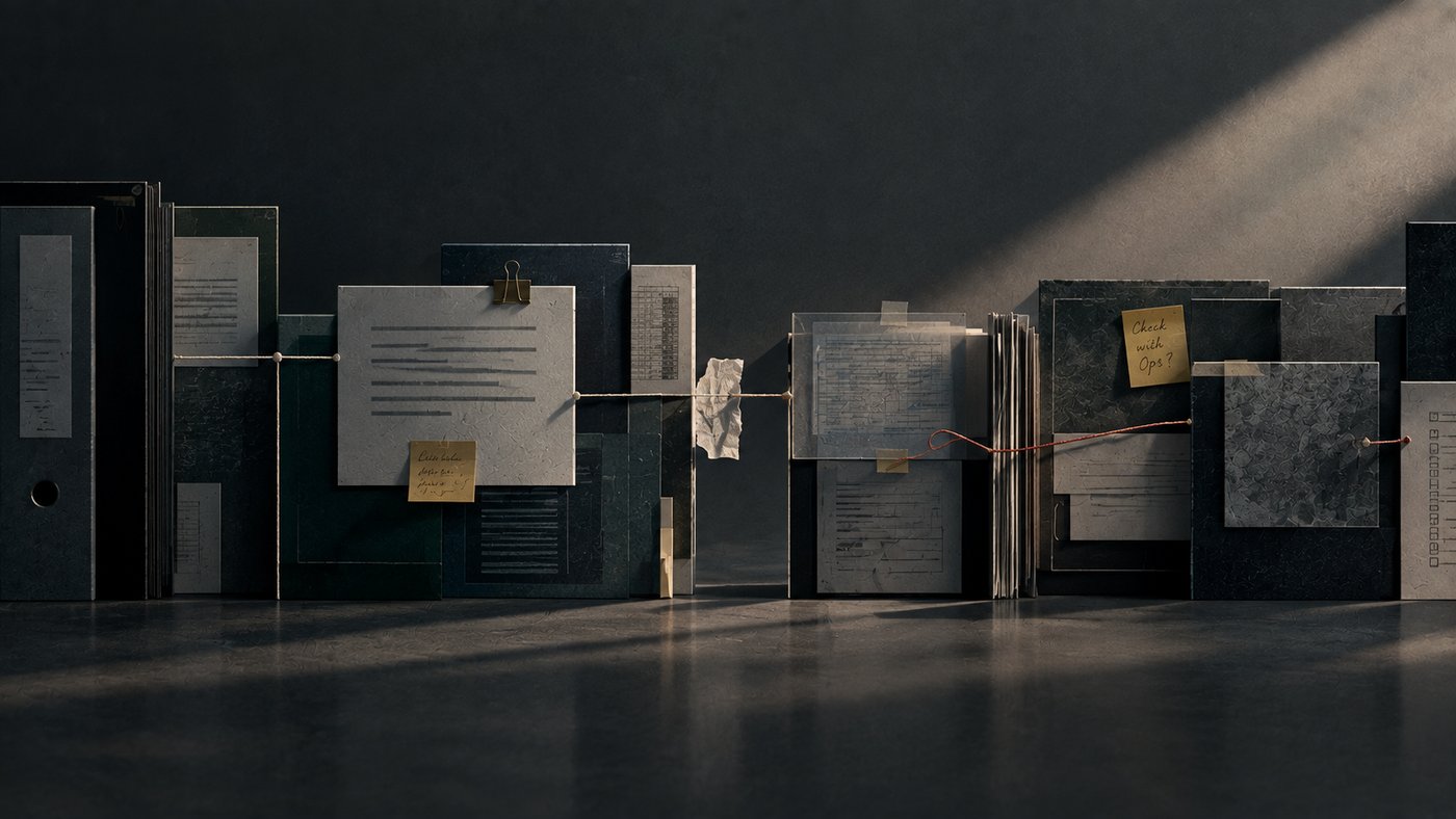A row of dark binders and document stacks on a concrete floor, lit by a single shaft of light, connected by a thread strung between them with a handwritten sticky note reading ‘Check with Ops?’ and a crumpled note bridging a gap in the middle.